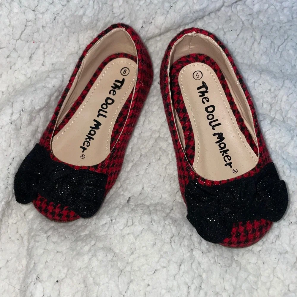 The Doll Maker Girls Red Houndstooth Bow Ballet Flats slip on‎ Shoes bow Size 5